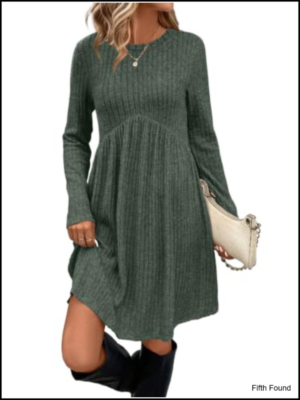 Long Sleeve Empire Waist Tunic Dress with Pockets Casual Fall Winter